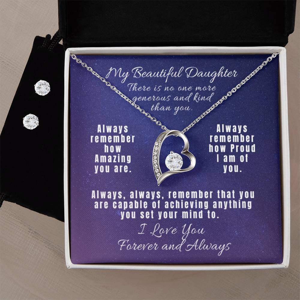 My Beautiful Daughter - Forever Love Necklace and Cubic Zirconia Earring Set - Always, always, remember