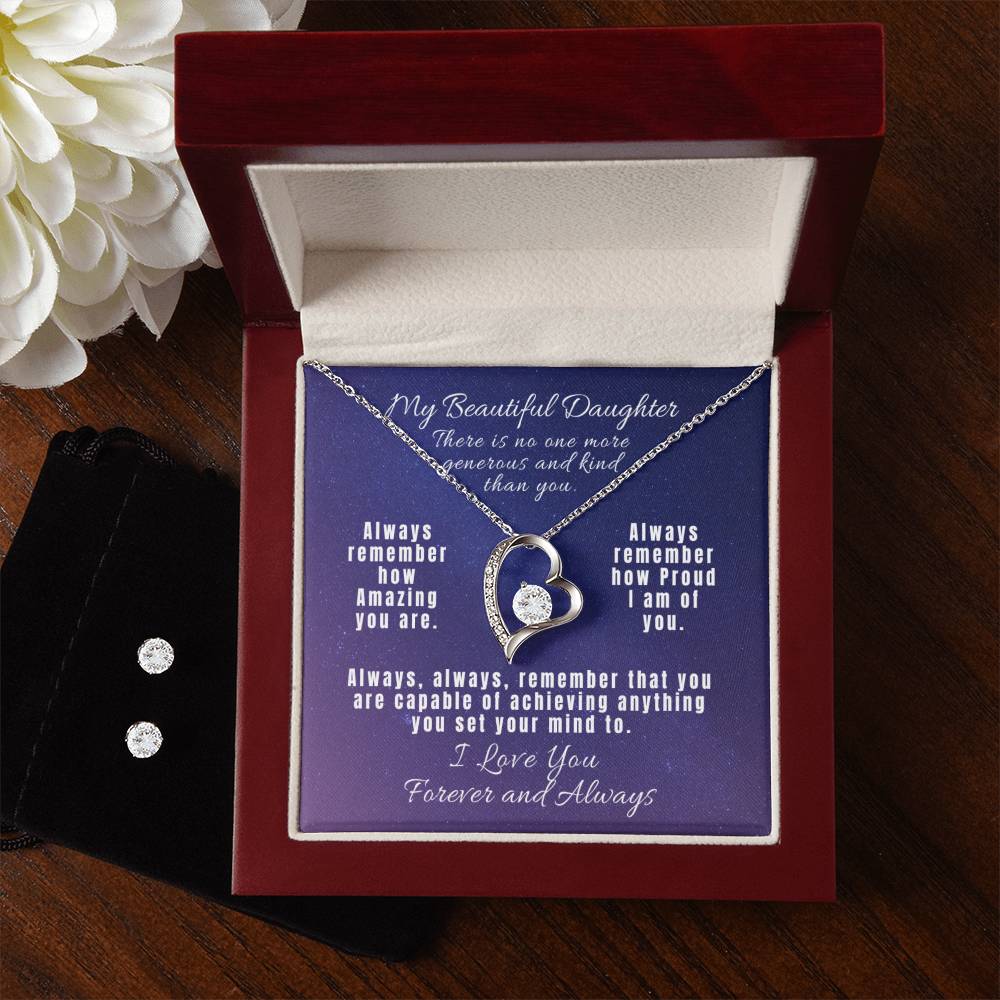 My Beautiful Daughter - Forever Love Necklace and Cubic Zirconia Earring Set - Always, always, remember
