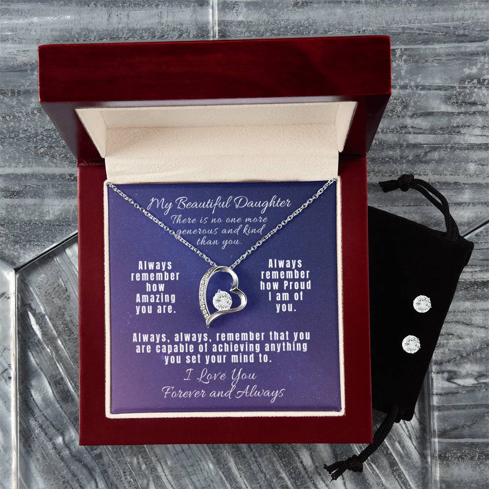 My Beautiful Daughter - Forever Love Necklace and Cubic Zirconia Earring Set - Always, always, remember