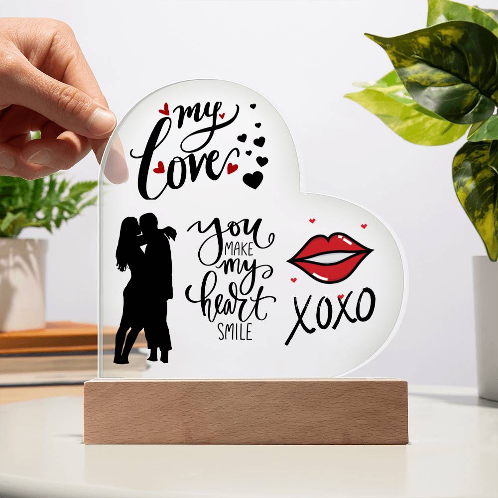 My Love - Printed Heart Acrylic Plaque with Wooden base - For Him or Her