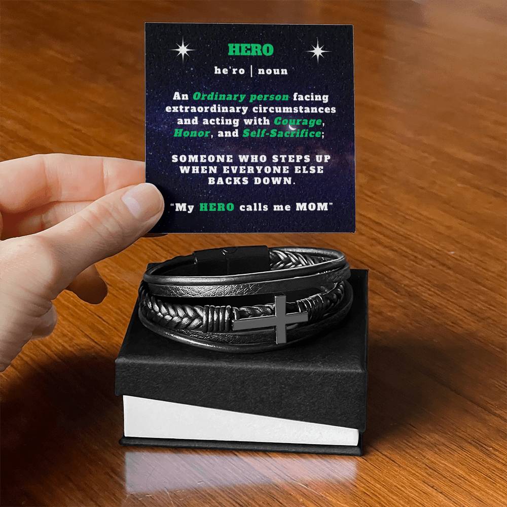 To My HERO -  Leather Cross Bracelet - My Hero Calls Me Mom