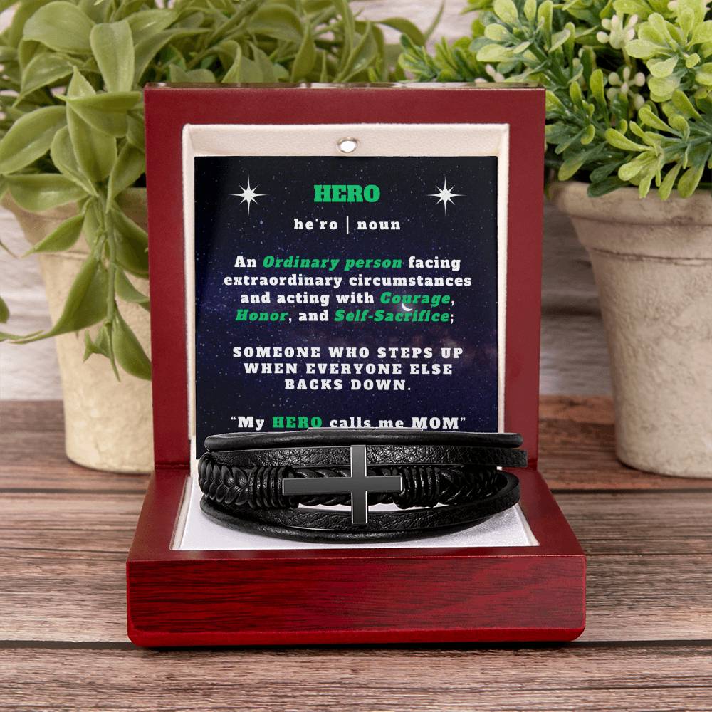 To My HERO -  Leather Cross Bracelet - My Hero Calls Me Mom