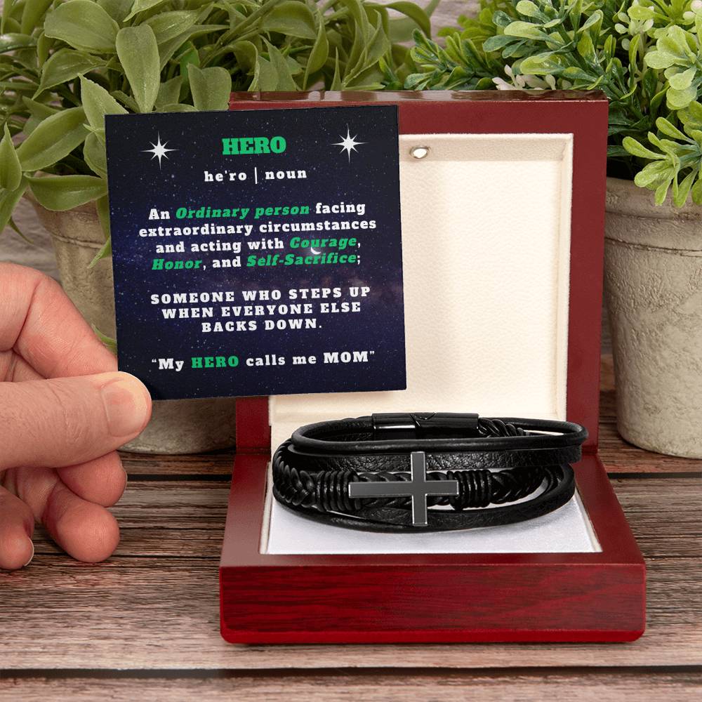 To My HERO -  Leather Cross Bracelet - My Hero Calls Me Mom