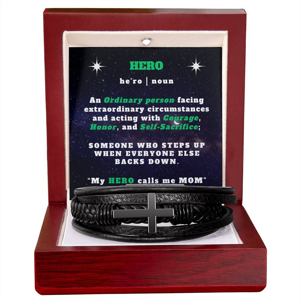 To My HERO -  Leather Cross Bracelet - My Hero Calls Me Mom