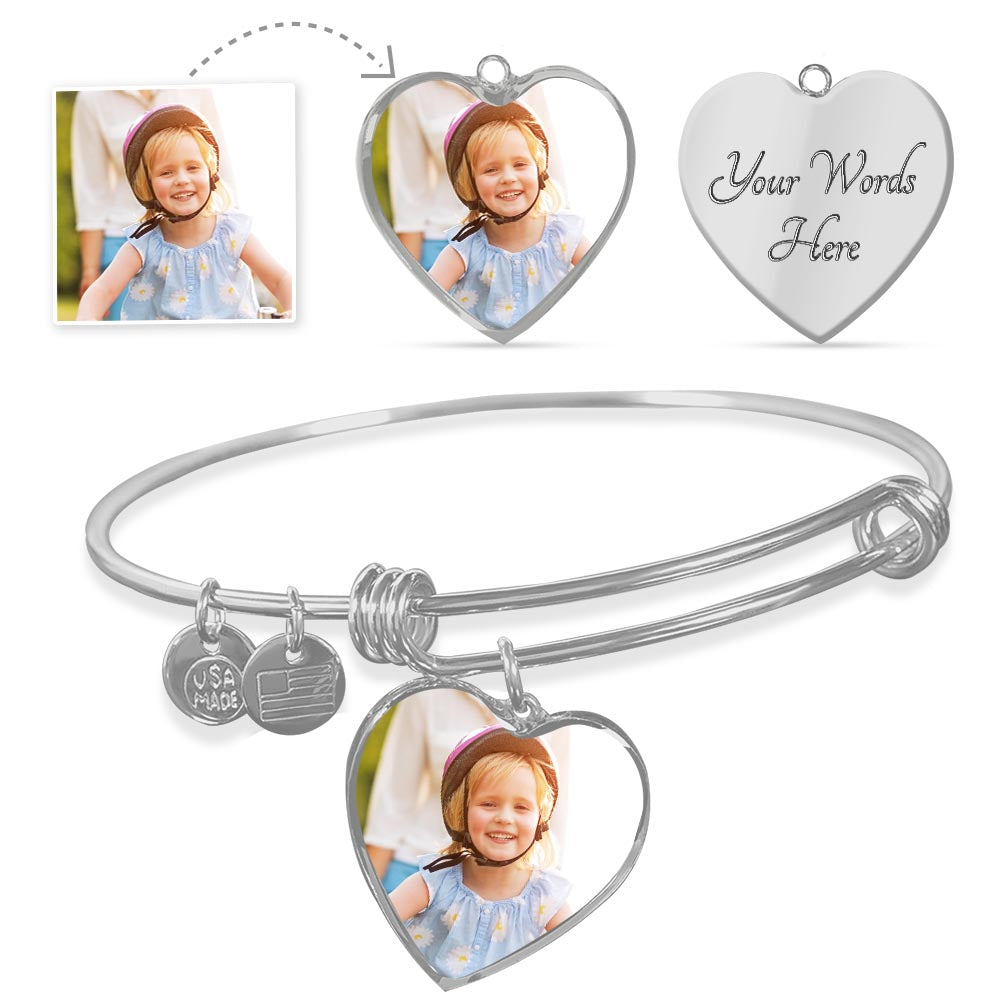 Upload your Favorite Photo - Heart Shape Bangle Bracelet + Engrave the back