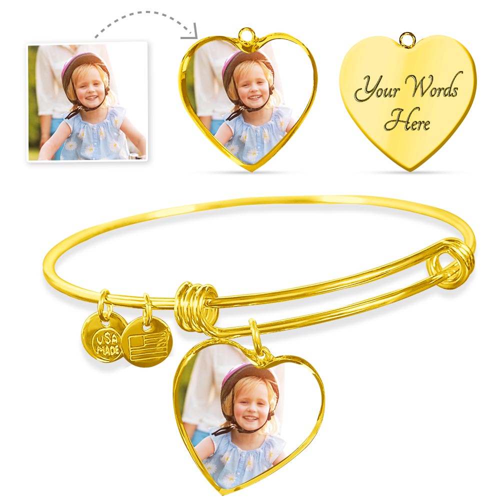 Upload your Favorite Photo - Heart Shape Bangle Bracelet + Engrave the back