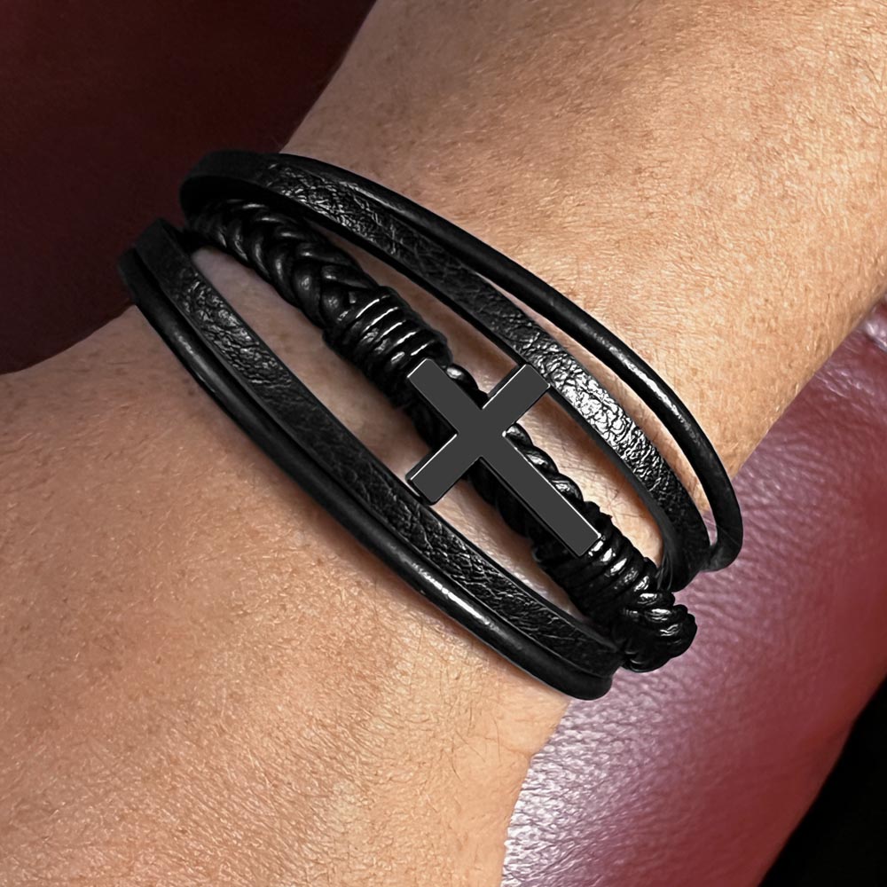 To My Son - Men's Leather Cross Bracelet - From Mom