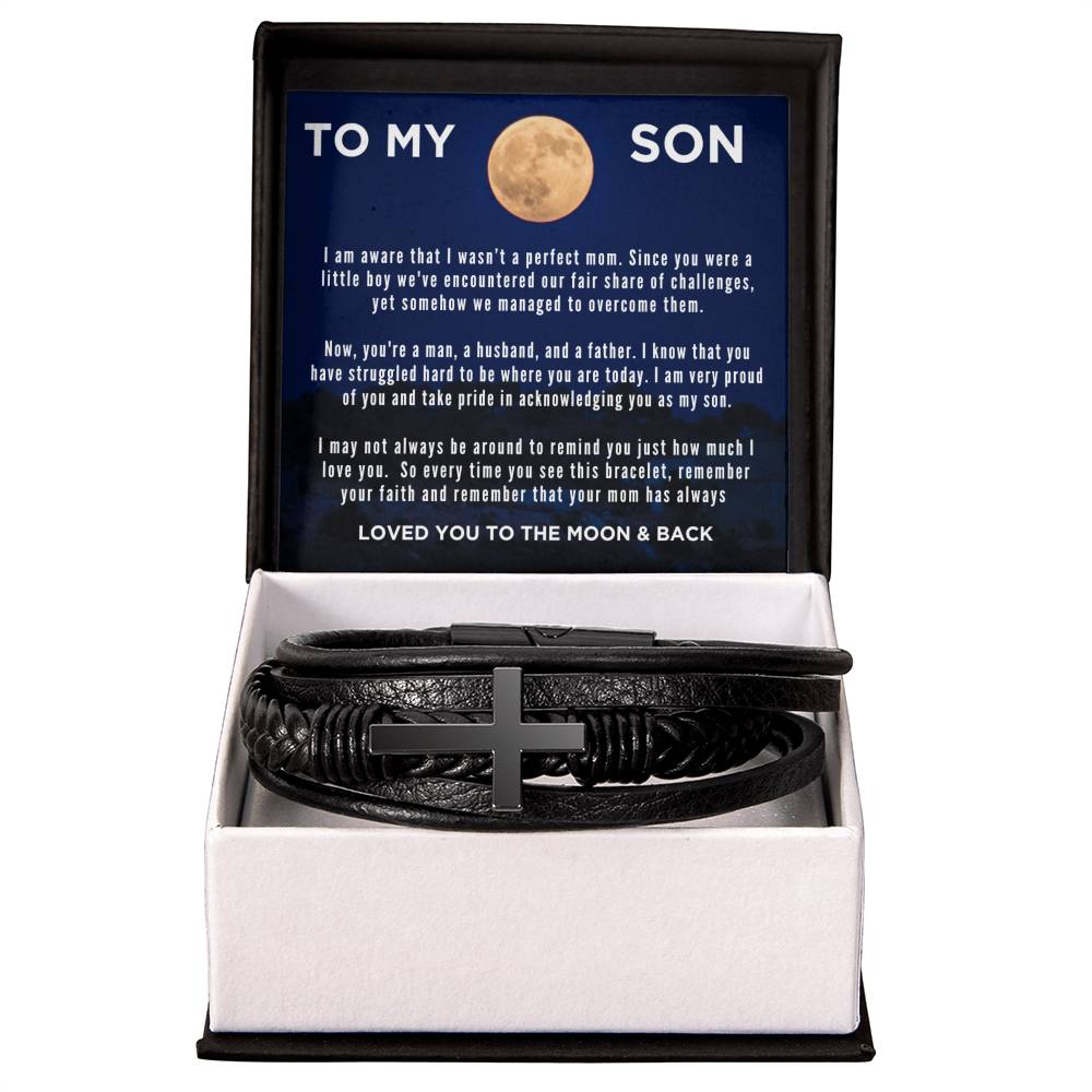 To My Son - Men's Leather Cross Bracelet - From Mom