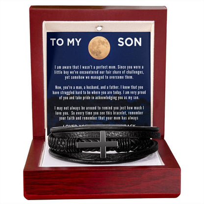 To My Son - Men's Leather Cross Bracelet - From Mom