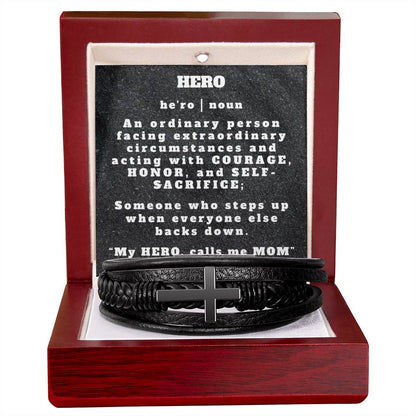 To My Hero - Leather Cross Bracelet - My Hero, calls me MOM